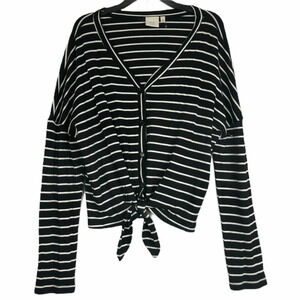 GOOD LUCK GEM Womens Button Thermal Tie Front Top Size L Black White Striped